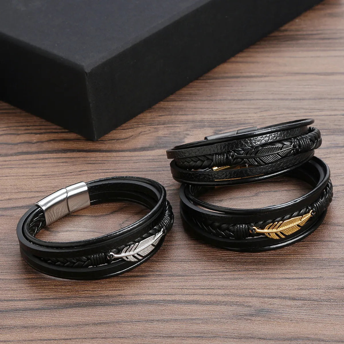 traditional bangles for women-Hip-Hop Rock Leaves Stainless Steel Pu Leather Handmade Men'S Bracelets