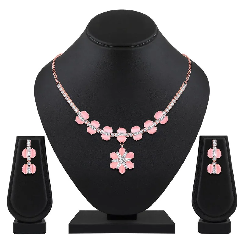 religious necklaces for women-Mahi Rose Gold Plated Pink and White Cubic Zirconia (CZ) Floral Women's Necklace Set (NL1103816ZPin)