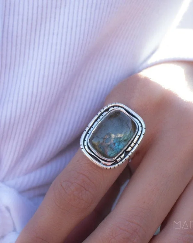 anniversary rings for women-Rainbow Labradorite Rectangular Ring ~ Sterling Silver 925 ~ MR179