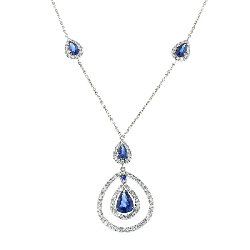 layered necklaces for women-14K White Gold Sapphire and Diamond Halo Necklace