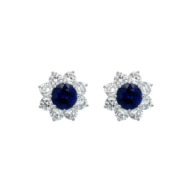 boho earrings for women-Sapphire and Diamond Flower Stud Earrings