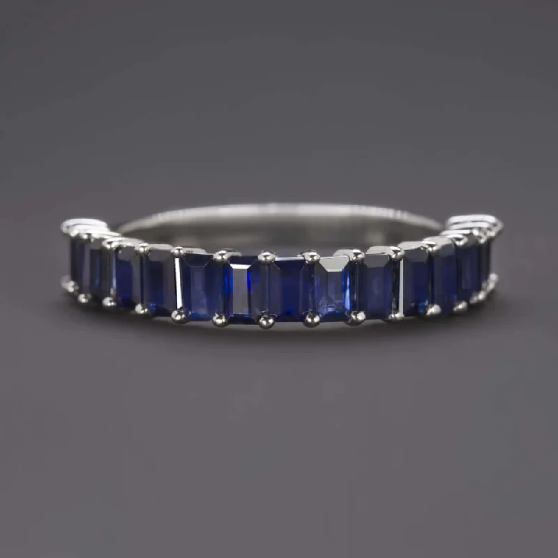 emerald engagement rings for women-1.5ct NATURAL BLUE SAPPHIRE STACKING RING WEDDING BAND 14k WHITE GOLD BAGUETTE