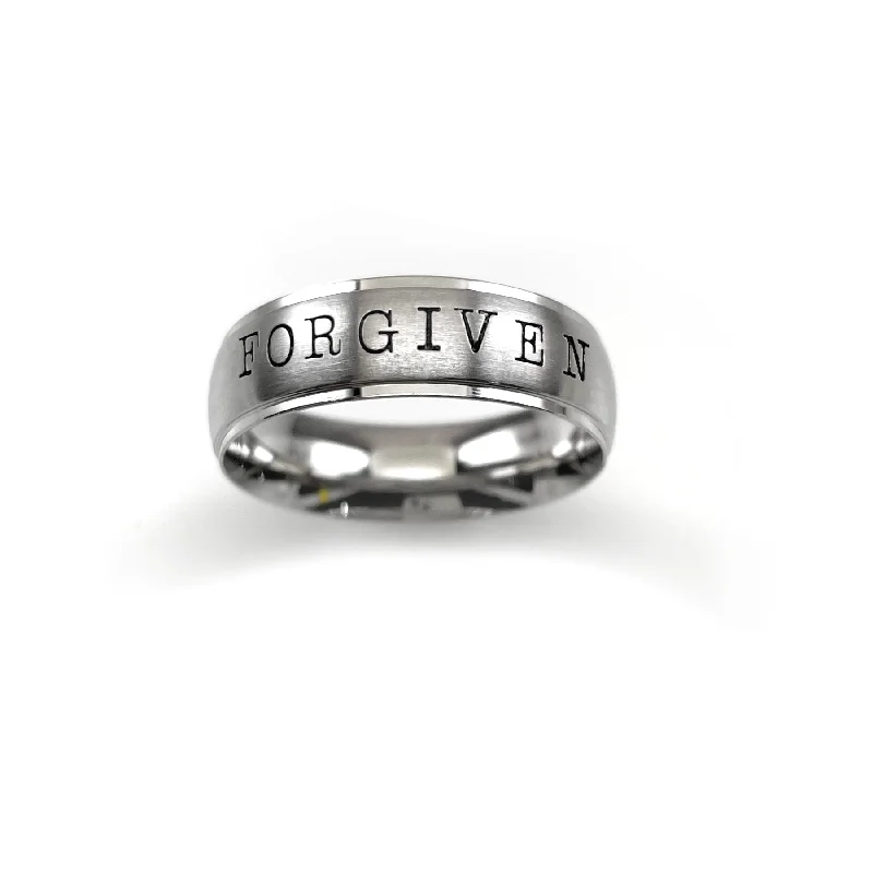 white gold rings for women-Forgiven Hand Stamped Stainless Steel Wide Band Ring