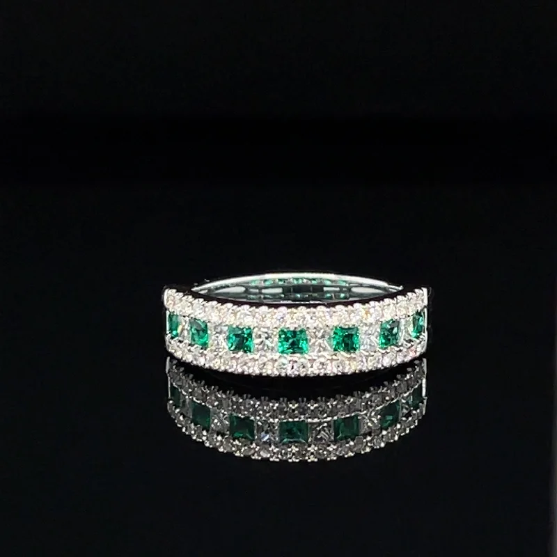 large stone rings for women-Emerald & Diamond Anniversary Wedding Ring in 18k White Gold - #522 - RGEME066045