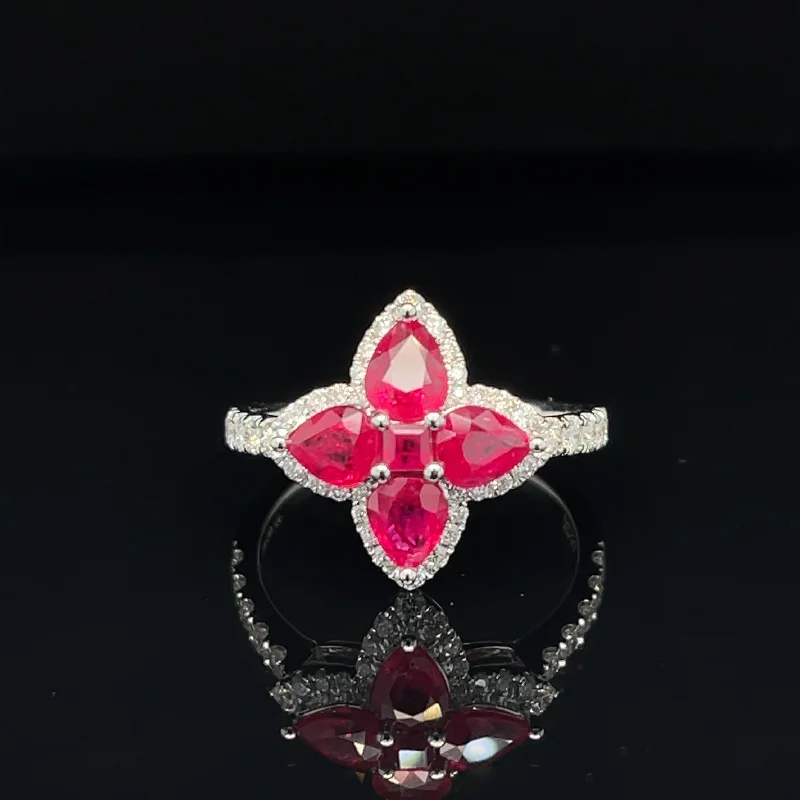 cocktail rings for women-Ruby & Diamond Hibiscus Flower Four Petal Cluster Ring in 18k White Gold - #545 - RGRUB107105