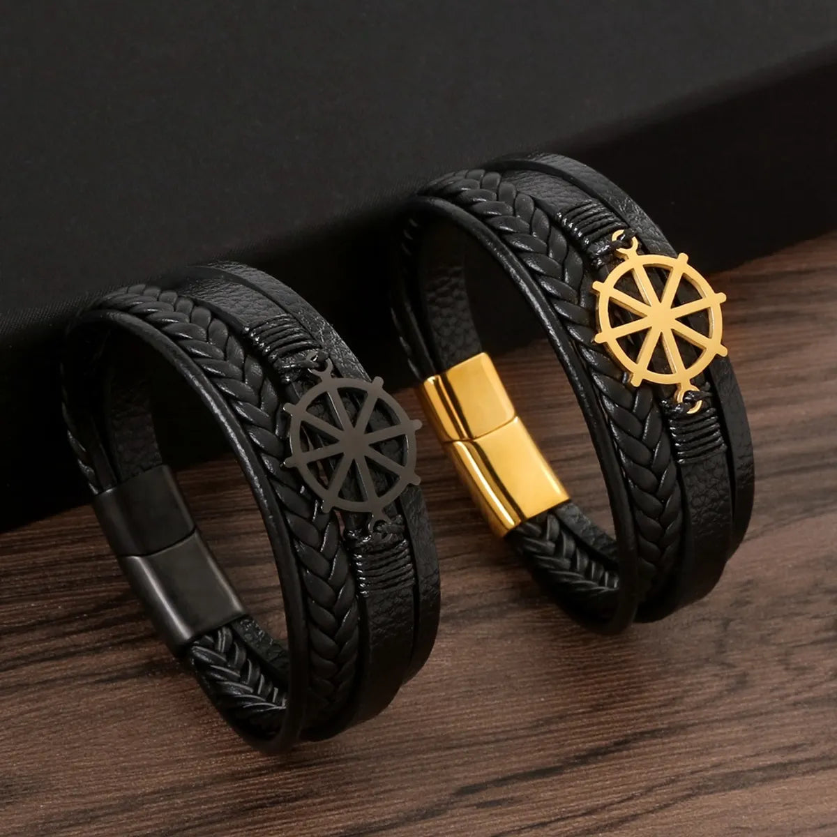 glittering bracelets for women-Glam Classical Luxurious Rudder Stainless Steel Pu Leather Handmade Men'S Bracelets Bangle