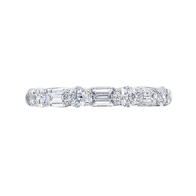 unique engagement rings for women-Platinum Emerald-cut and Round Diamond Wedding Band