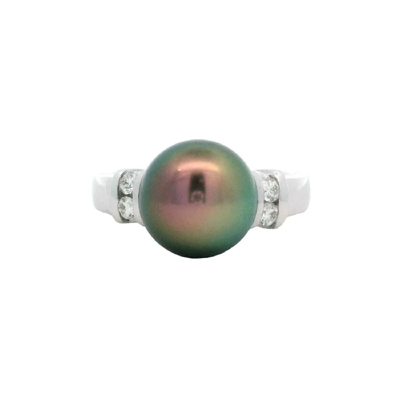 heart-shaped rings for women-Tahitian Pearl Ring with Diamonds in White Gold