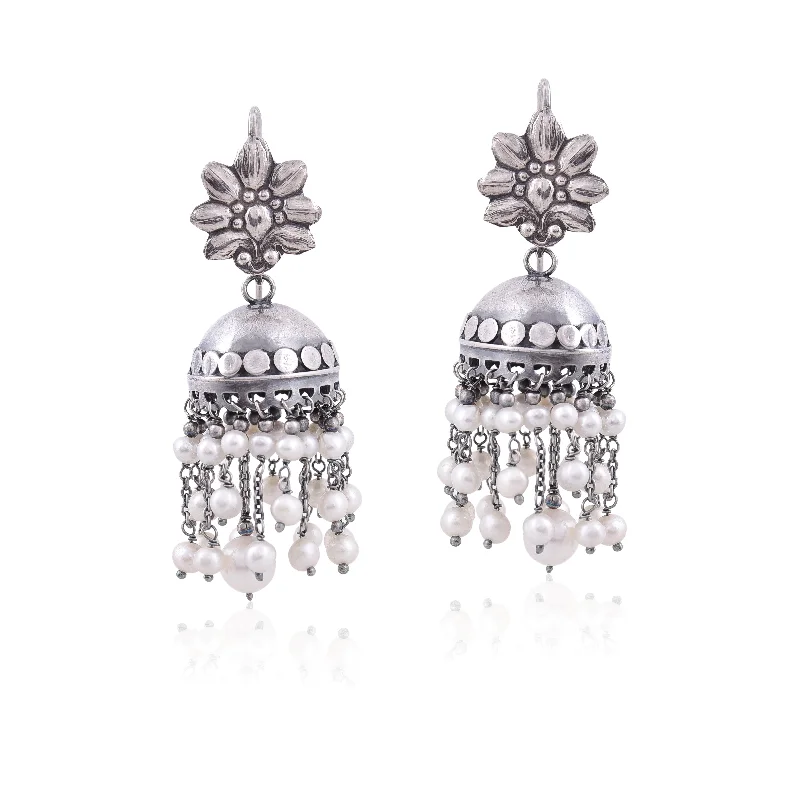 long dangly earrings for women-Silver Mountain Dangling Pearl Statement Jhumka earring