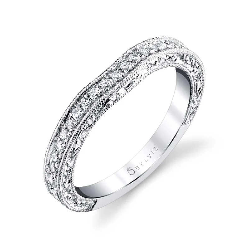 princess cut engagement rings for women-Sylvie Vintage Hand Engraved Diamond Wedding Band BSY883