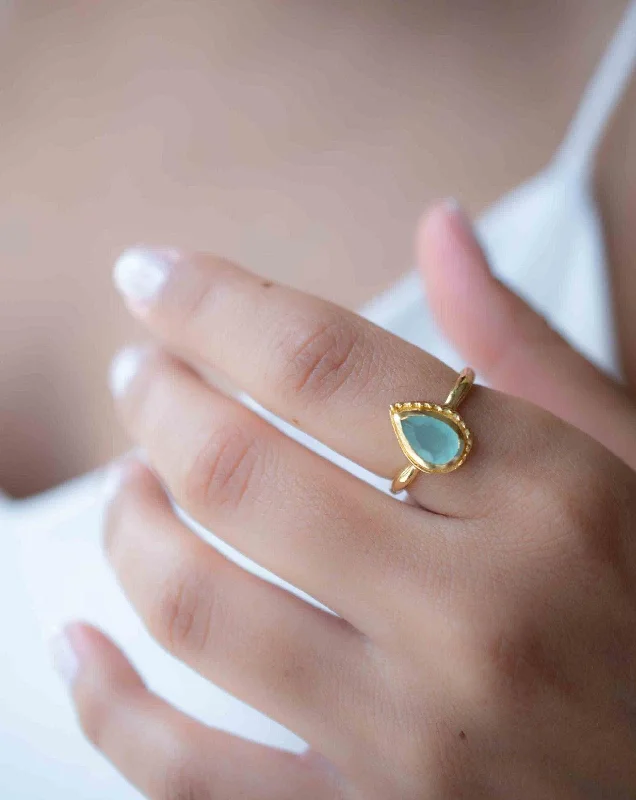 luxurious rings for women-Aqua Chalcedony ~ Tear Drop Ring  ~ 18k Gold Plated ~  MR314