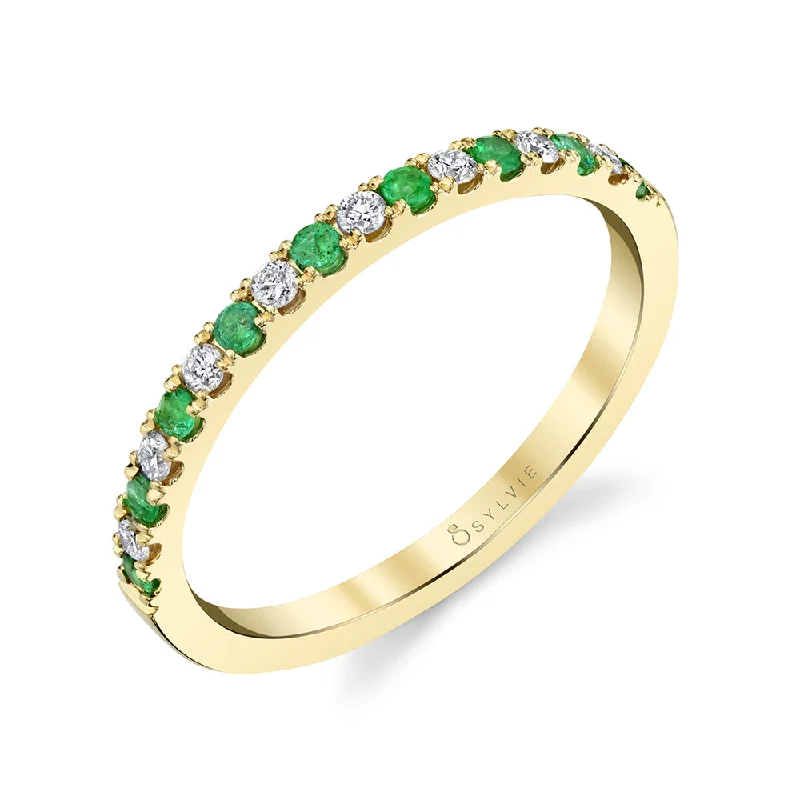 vintage engagement rings for women-Sylvie Classic Yellow Gold Emerald & Diamond Wedding Band B4002 EM