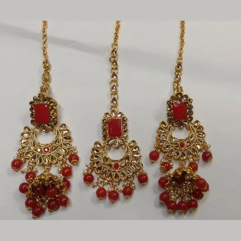 heart-shaped stud earrings for women-Pooja Bangles Kundan Stone & Beads Dangler Earrings With Maang Tikka