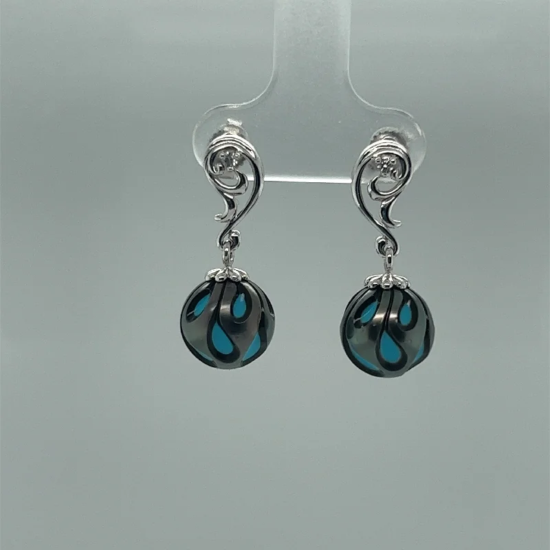 geometric stud earrings for women-Galatea Black South Sea Pearl and Turquoise Diamond accent Dangle Earrings