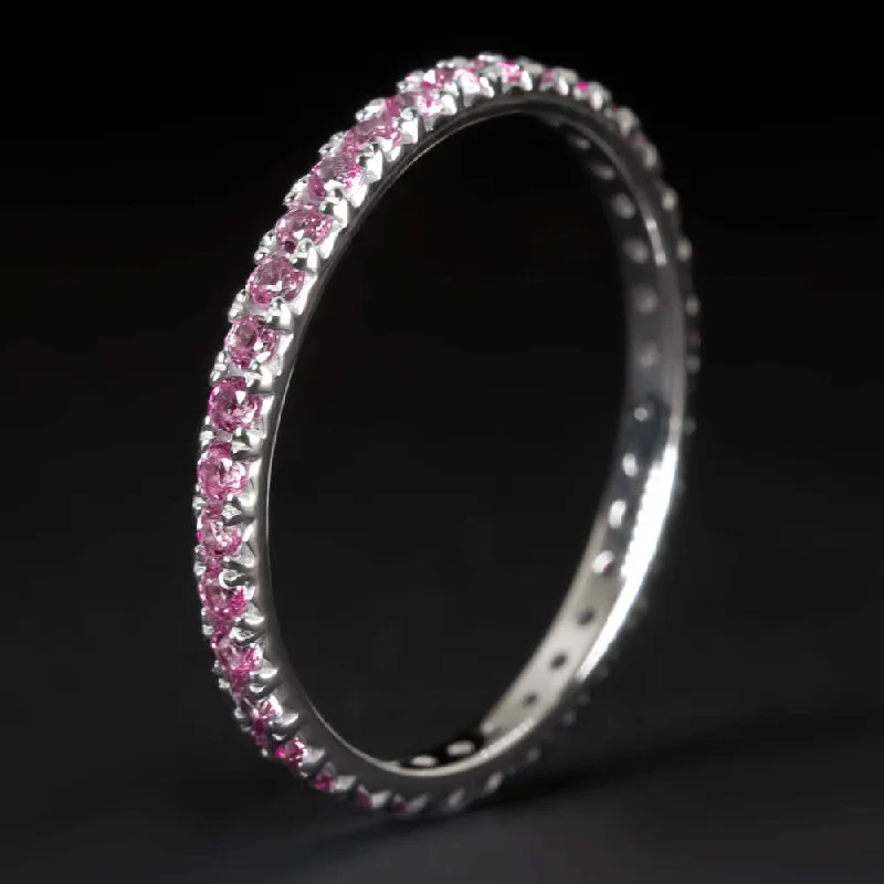 black diamond engagement rings for women-14K WHITE GOLD NATURAL PINK SAPPHIRE ETERNITY RING STACKING WEDDING BAND PAVE WG