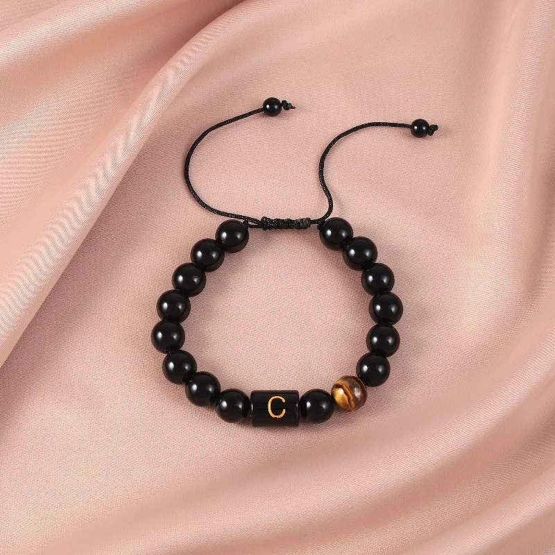 Obsidian Letter C Braided Rope Bracelet