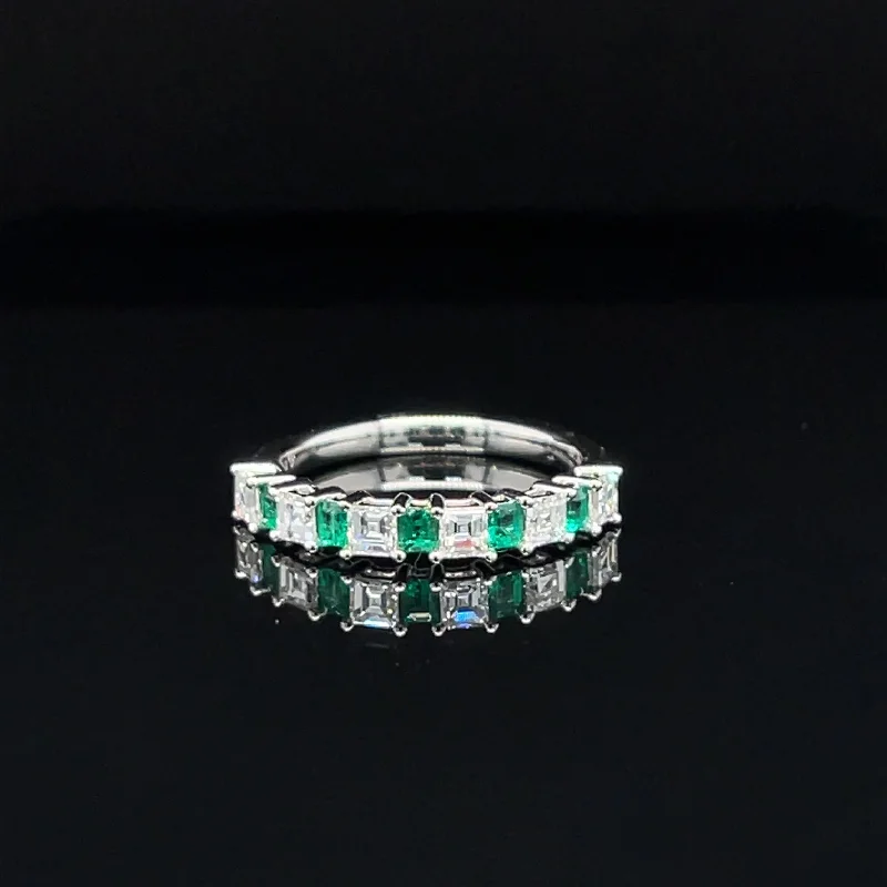 anniversary rings for women-Emerald & Diamond ⅓ Eternity Ring in 18k White Gold - #527 - RGEME066129