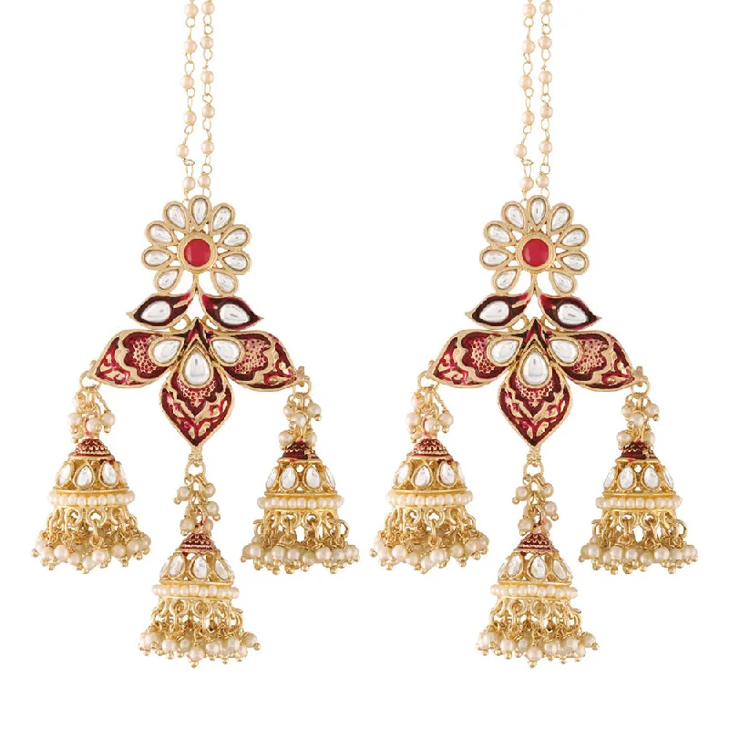 zodiac earrings for women-Etnico18K Gold Plated Intricately Designed Traditional with Detachable Hair Chain Encased With Kundans & Pearls Jumki Earrings For Women (E2904M)