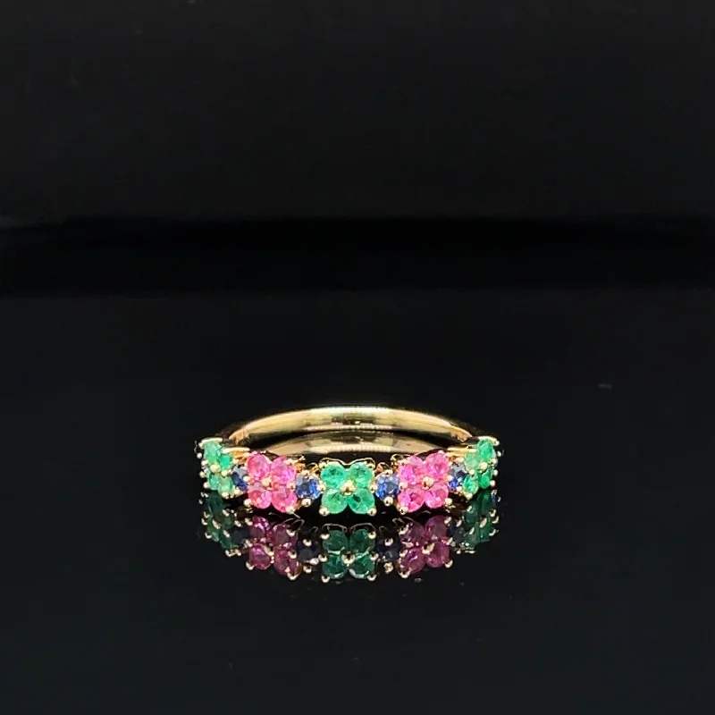 heart-shaped rings for women-Pink & Blue Sapphire, Emerald Cluster Flower Ring in 18k Yellow Gold - #532 - RGMIX019666