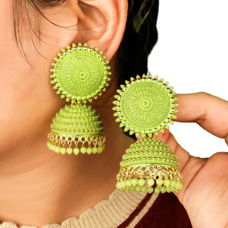 trendy earrings for women-Subhag Alankar Light Green Attractive Kundan Jhumki earrings ideal for festive wear