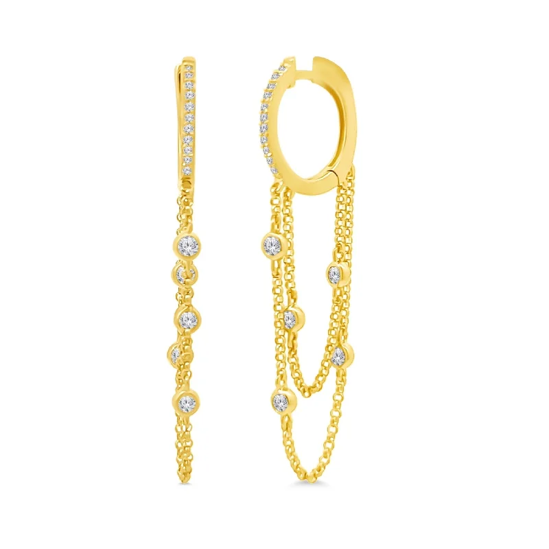 bar earrings for women-Diamond Bezel Chain Huggies