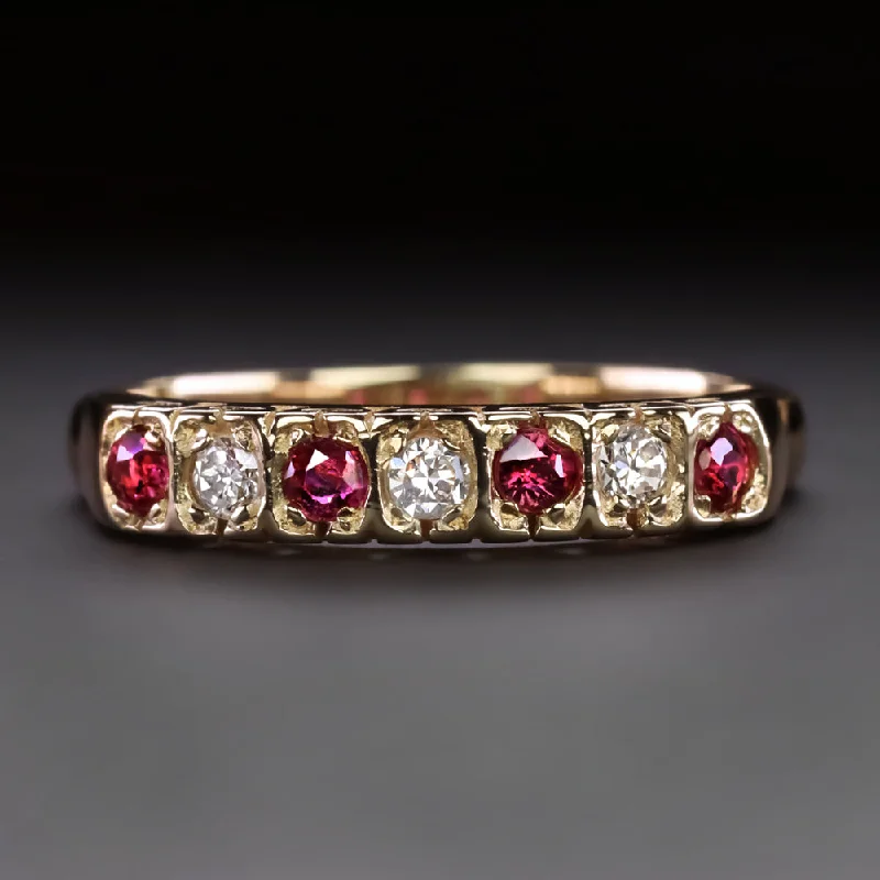 affordable engagement rings for women-DIAMOND RUBY WEDDING BAND STACKING RING 14k YELLOW GOLD NATURAL RED 7 STONE