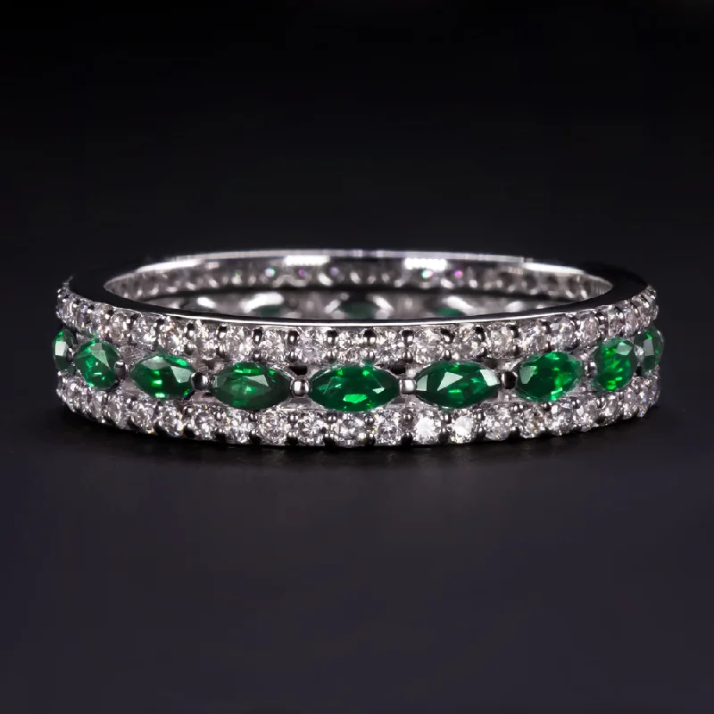 pear-shaped engagement rings for women-NATURAL GREEN EMERALD DIAMOND WEDDING BAND ETERNITY RING 3 ROW STACKING MARQUISE