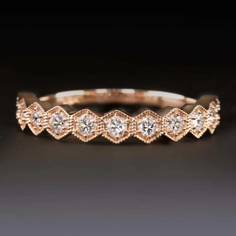 floral engagement rings for women-DIAMOND 14K ROSE GOLD WEDDING BAND STACKING RING HONEYCOMB VINTAGE STYLE HEXAGON