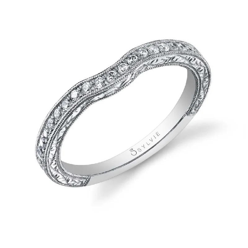 solitaire engagement rings for women-Sylvie Hand Engraved Milgrain Edge Diamond Wedding Band BSY886