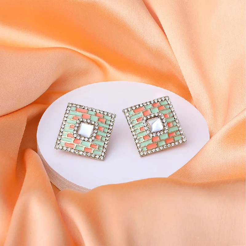 zodiac earrings for women-Mahi Squarish Dangler Earrings with Crystals and Light Green and Orange Meenakari Enamel for Women (ER11098146GLgre)