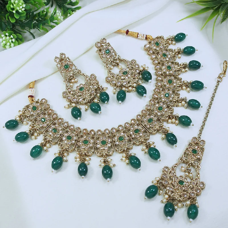 woven necklaces for women-LALSO Antique Gold plated Necklace Jewelry Set With Maangtika