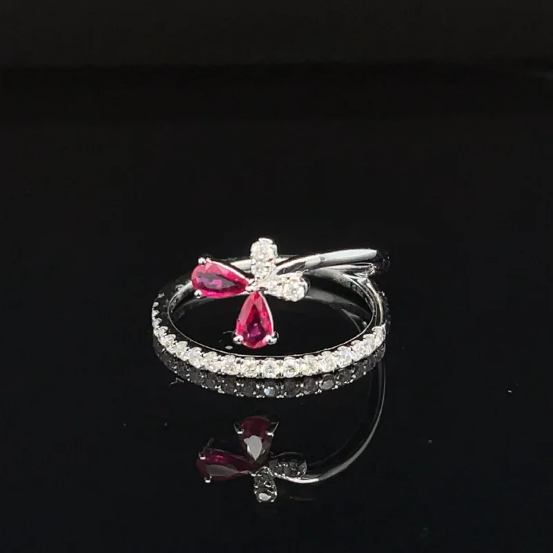 silver rings for women-Ruby & Diamond Butterfly Swirl Coil Ring in 18k White Gold - #617 - HRRUB002508