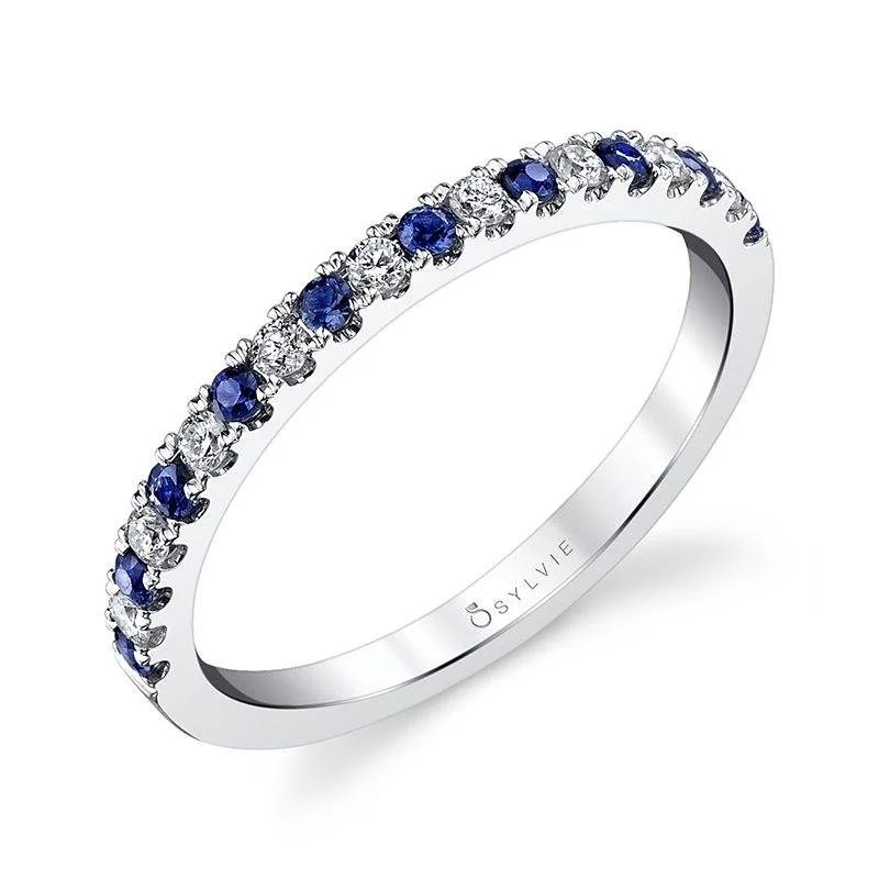 rose gold engagement rings for women-Sylvie Classic Blue Sapphire & Diamond Wedding Band B4006