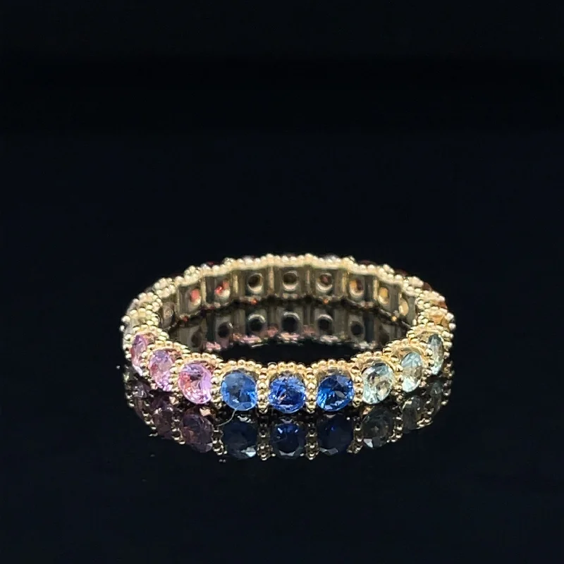 rose gold rings for women-Rainbow 7 Color Sapphires Milgrain Eternity Wedding Ring in 18k Yellow Gold - #553 - RGSAX006854