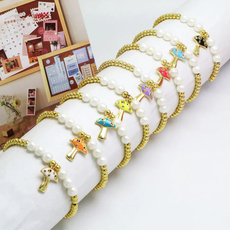 mixed metal bracelets for women-Copper 18K Gold Plated Beaded Enamel Inlay Mushroom Zircon Bracelets