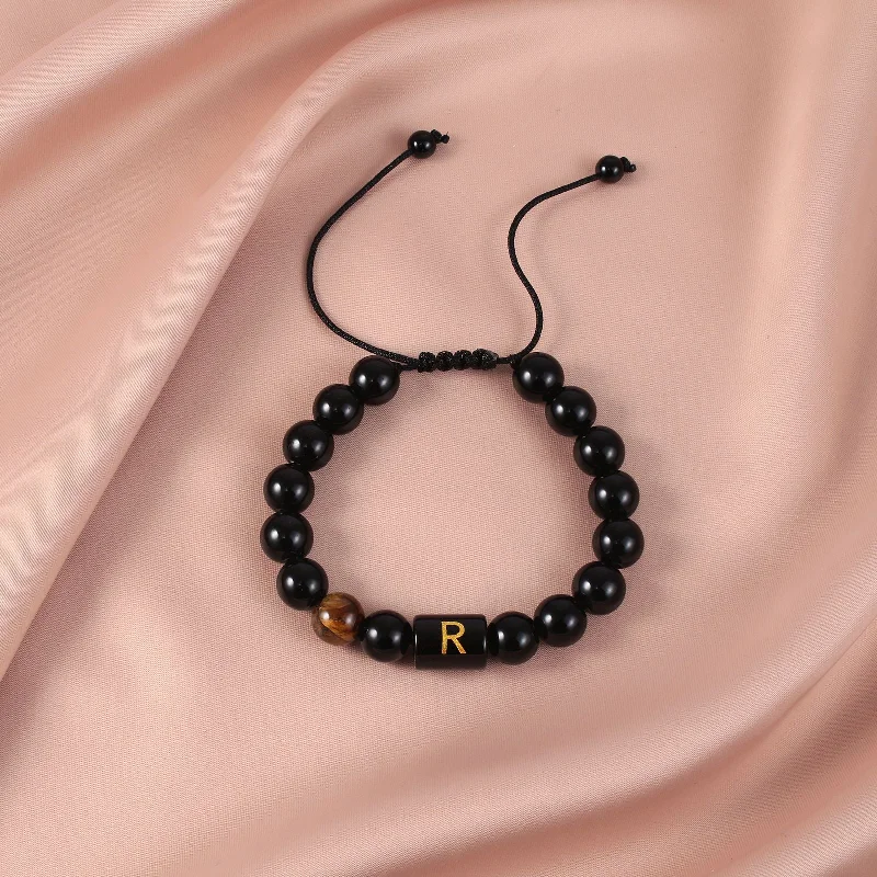 Obsidian Letter R Braided Rope Bracelet