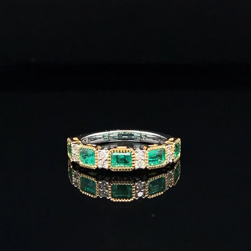 sapphire rings for women-Emerald & Diamond Art Deco Anniversary Ring in 18k Two-Tone Gold - #519 - RGEME065643