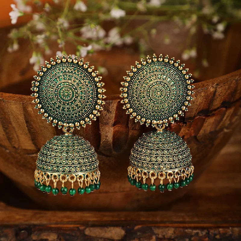 statement earrings for women-Subhag Alankar Green Attractive Kundan Jhumki earrings ideal for festive wear