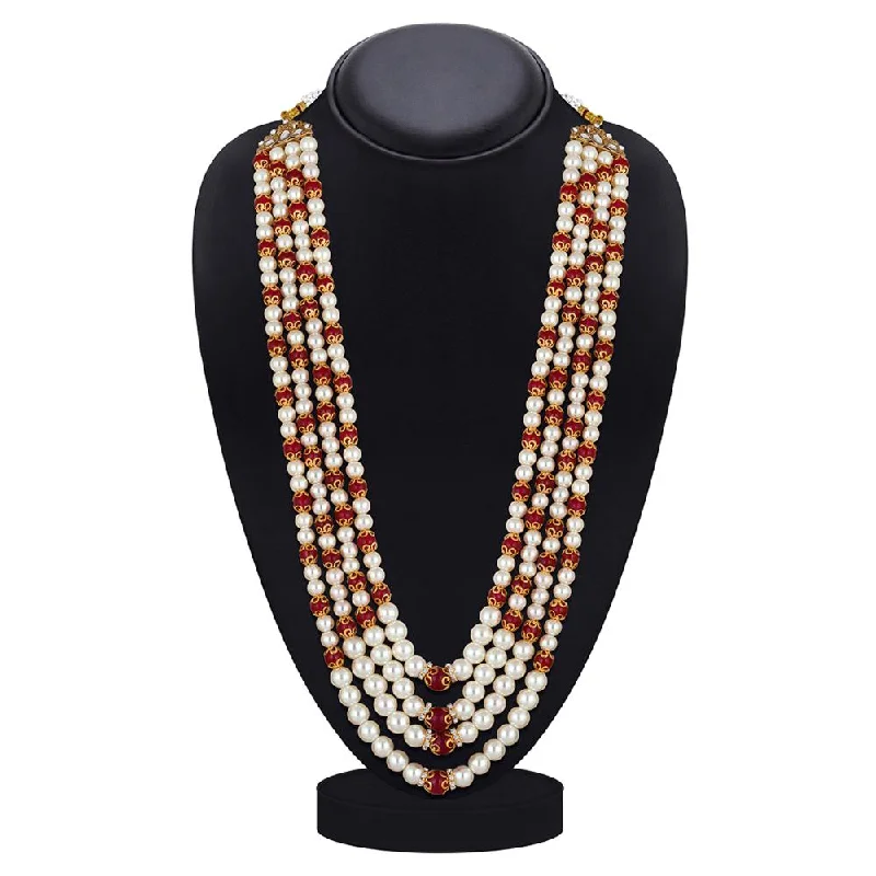 vintage pearl necklaces for women-Mahi 4 Layers Red and White Artificial Beads Base Groom / Dulha Mala Moti Haar Necklace for Men (ML1108109GRed)