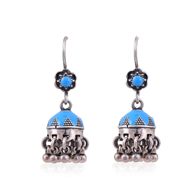 silver drop earrings for women-Silver Mountain Sterling Silver blue enamel small jhumka earring