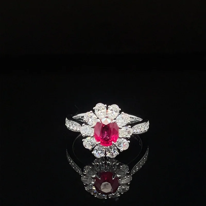 diamond cluster rings for women-Ruby & Diamond Halo Flower Cluster Anniversary Ring in 18k White Gold - #624 - RGRUB106583