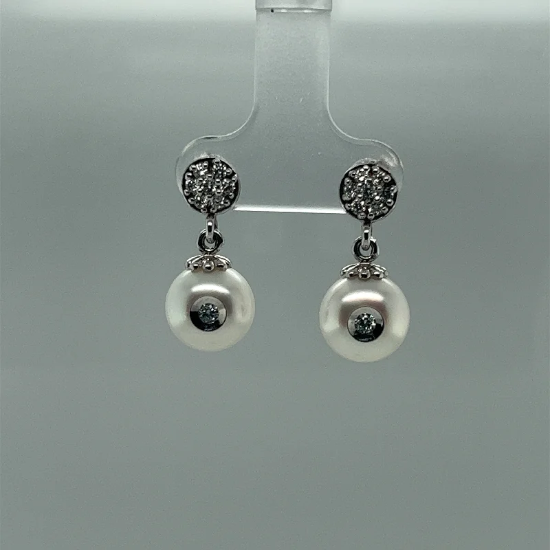 beaded earrings for women-Galatea White Button Pearl and Diamond Dangle Earrings