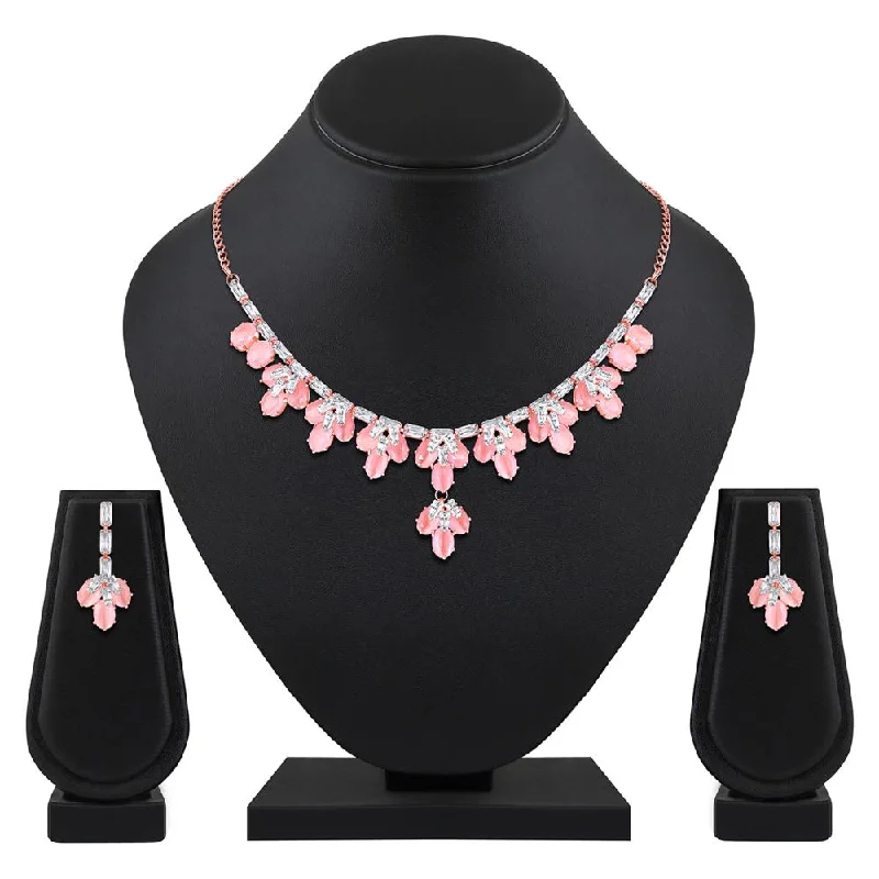 turquoise necklaces for women-Mahi Rose Gold Plated Pink and White Cubic Zirconia (CZ) Floral Women's Necklace Set (NL1103815ZPin)