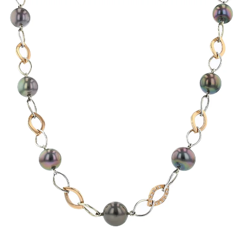 elegant necklaces for women-14K Gold Tahitian Pearl and Diamond Link Necklace