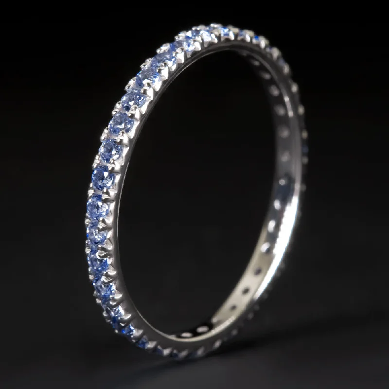 wide band engagement rings for women-NATURAL BLUE SAPPHIRE RING LIGHT CORNFLOWER 14K WHITE GOLD ETERNITY WEDDING BAND