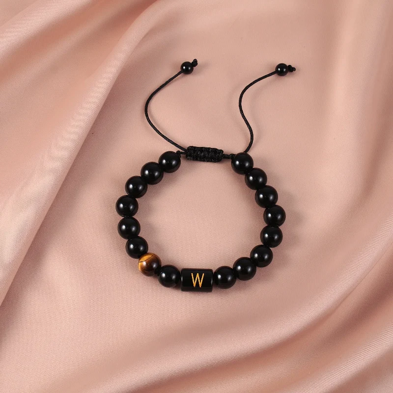 Obsidian Letter W Braided Rope Bracelet