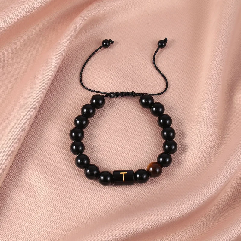 Obsidian Letter T Braided Rope Bracelet