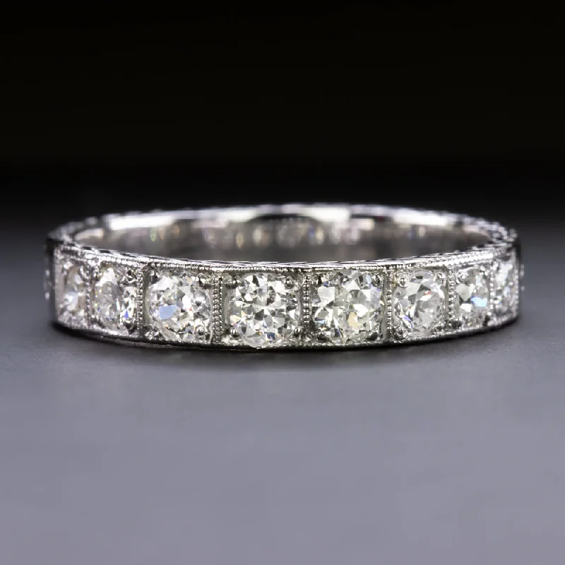 unique engagement ring styles for women-VINTAGE DIAMOND WEDDING BAND 0.85ct OLD EUROPEAN CUT HAND ENGRAVED WHITE GOLD