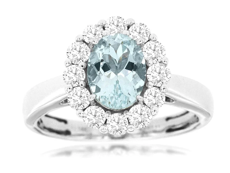 yellow gold rings for women-14K White Gold Aquamarine & Diamond Halo Ring