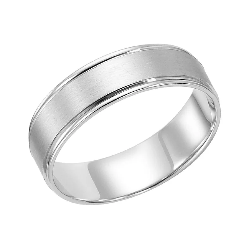 thin band engagement rings for women-6mm Flat Round Edge Carved Brush Finish Wedding Band in 14K White Gold Size 10